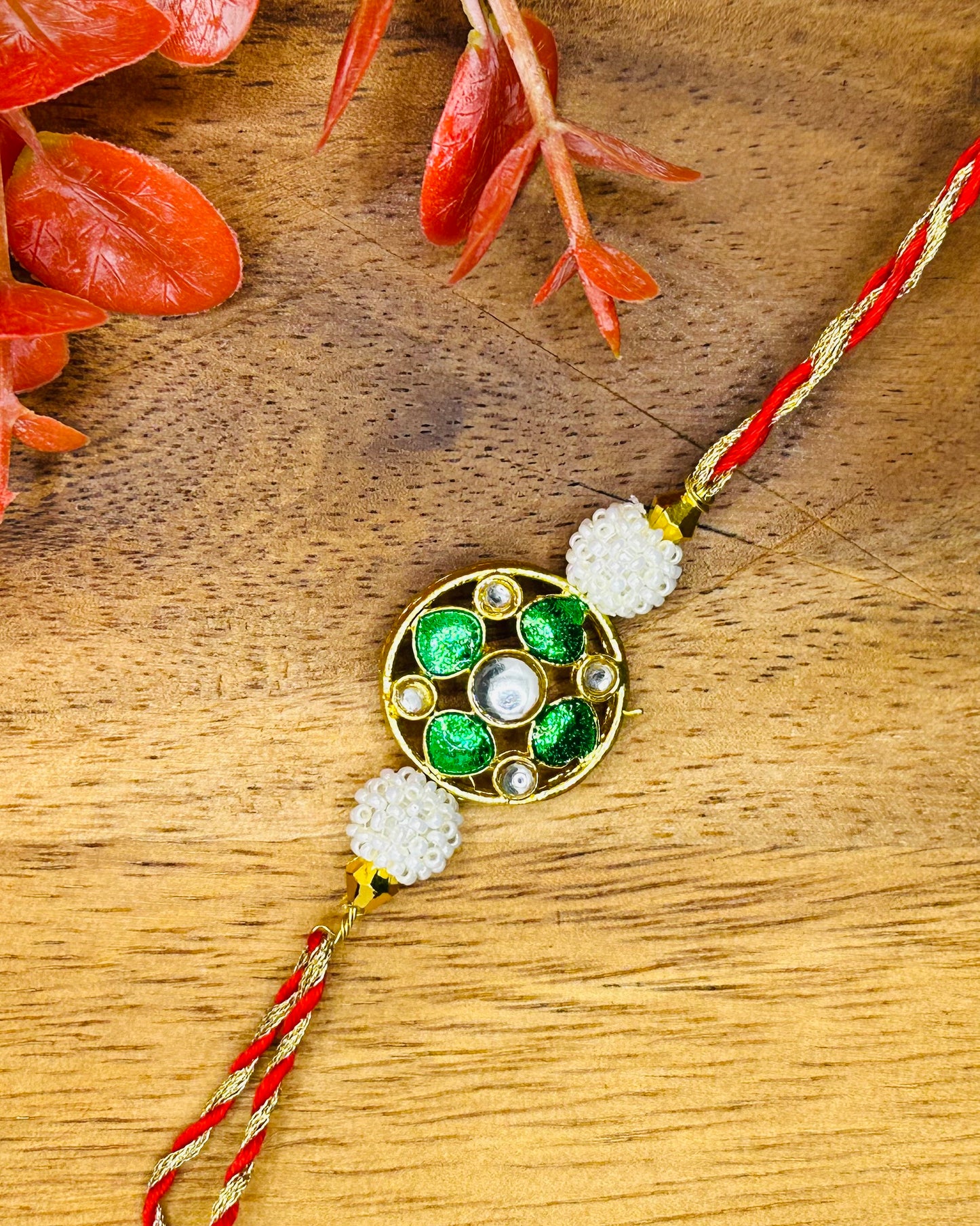 Kundan Meenakari Bhaiya Bhabhi Rakhi Set (Green)