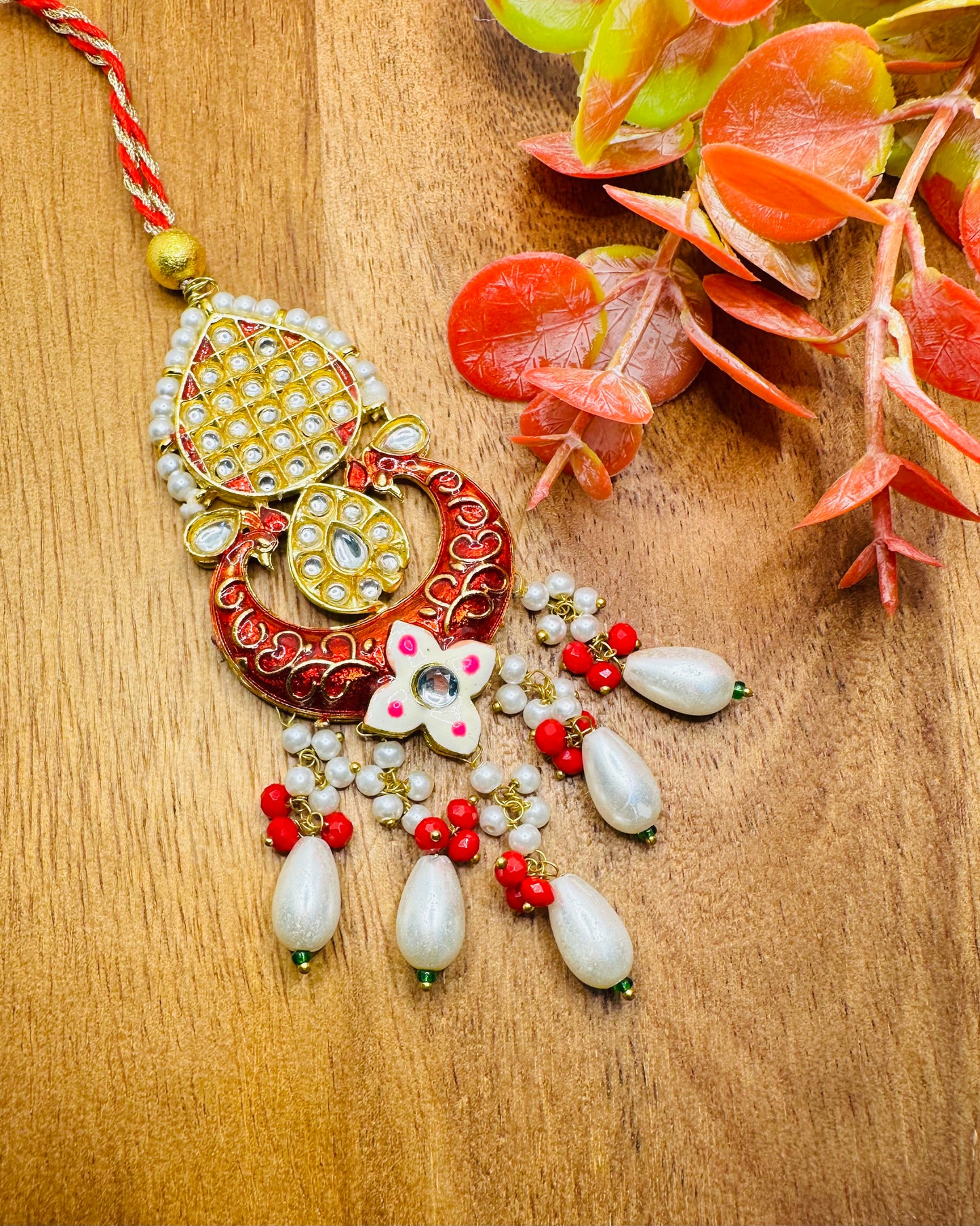 Kundan Pendant Rakhi paie for Bhaiya And Bhabhi (Red)