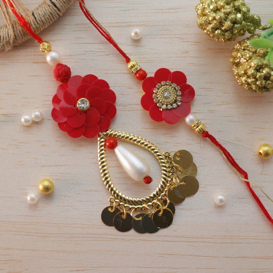 Red and Golden Bhai Bhabhi Rakhi Set