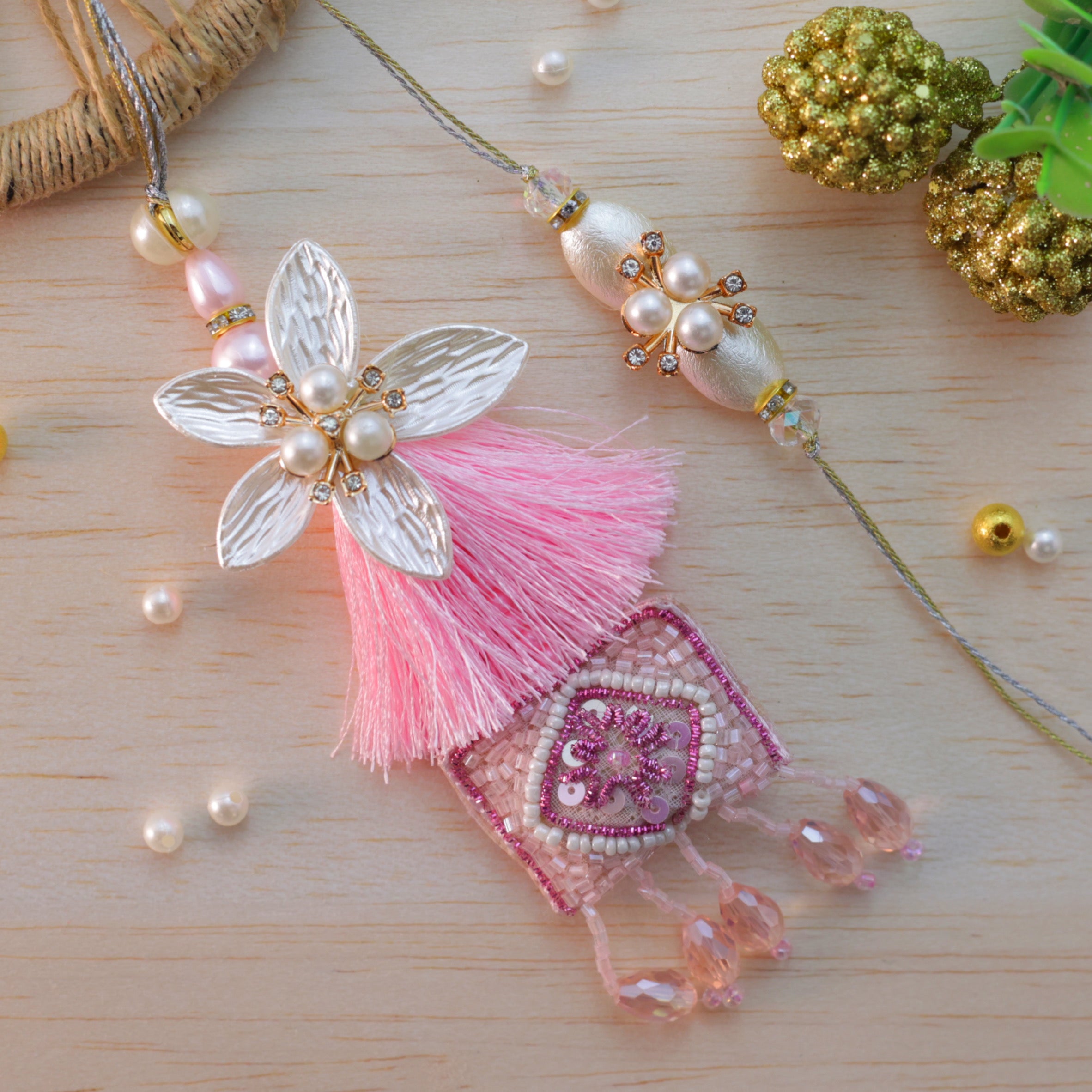 Designer Bhai Bhabhi Rakhi Pair (Pink)