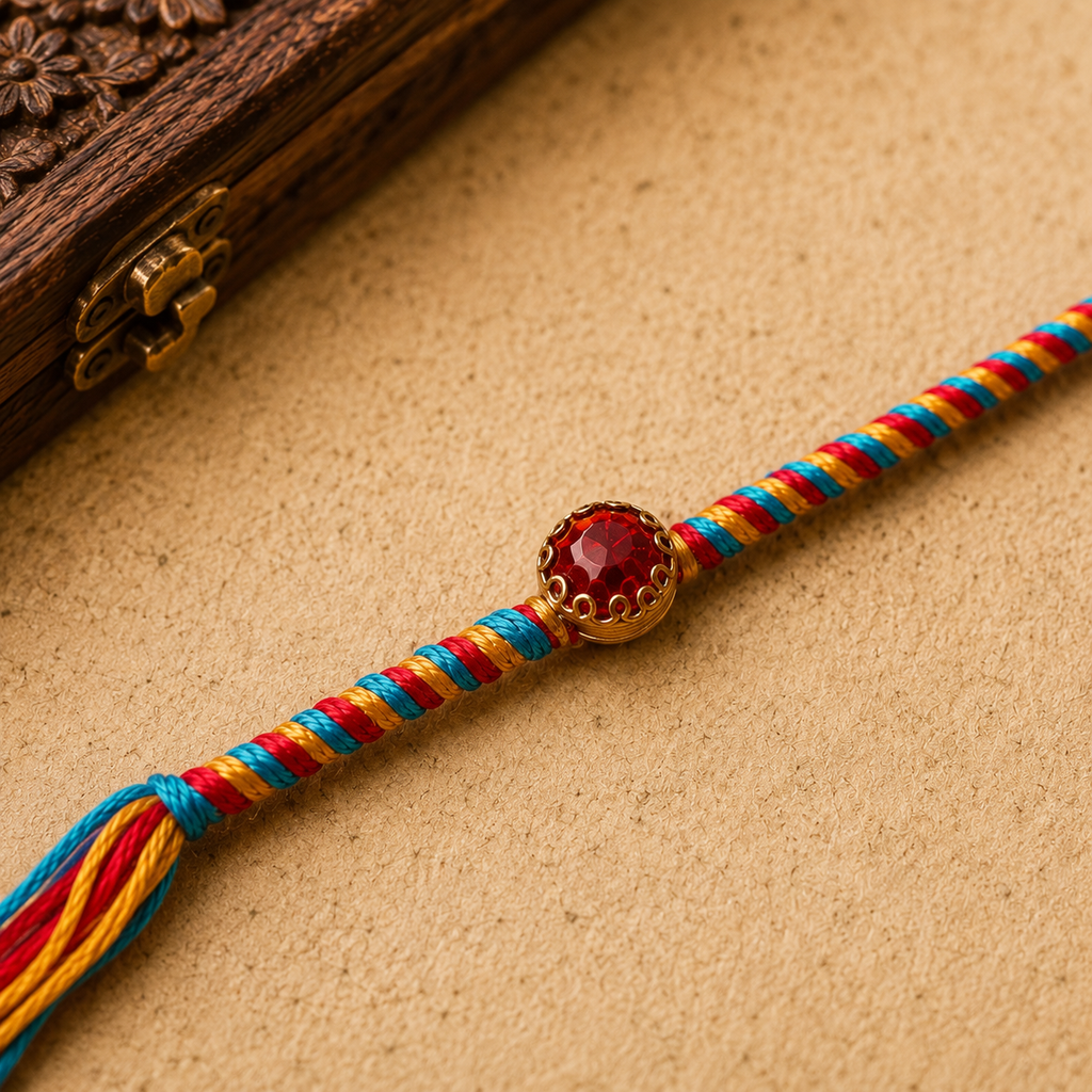 Multicolor Thread Rakhi with Red Stone