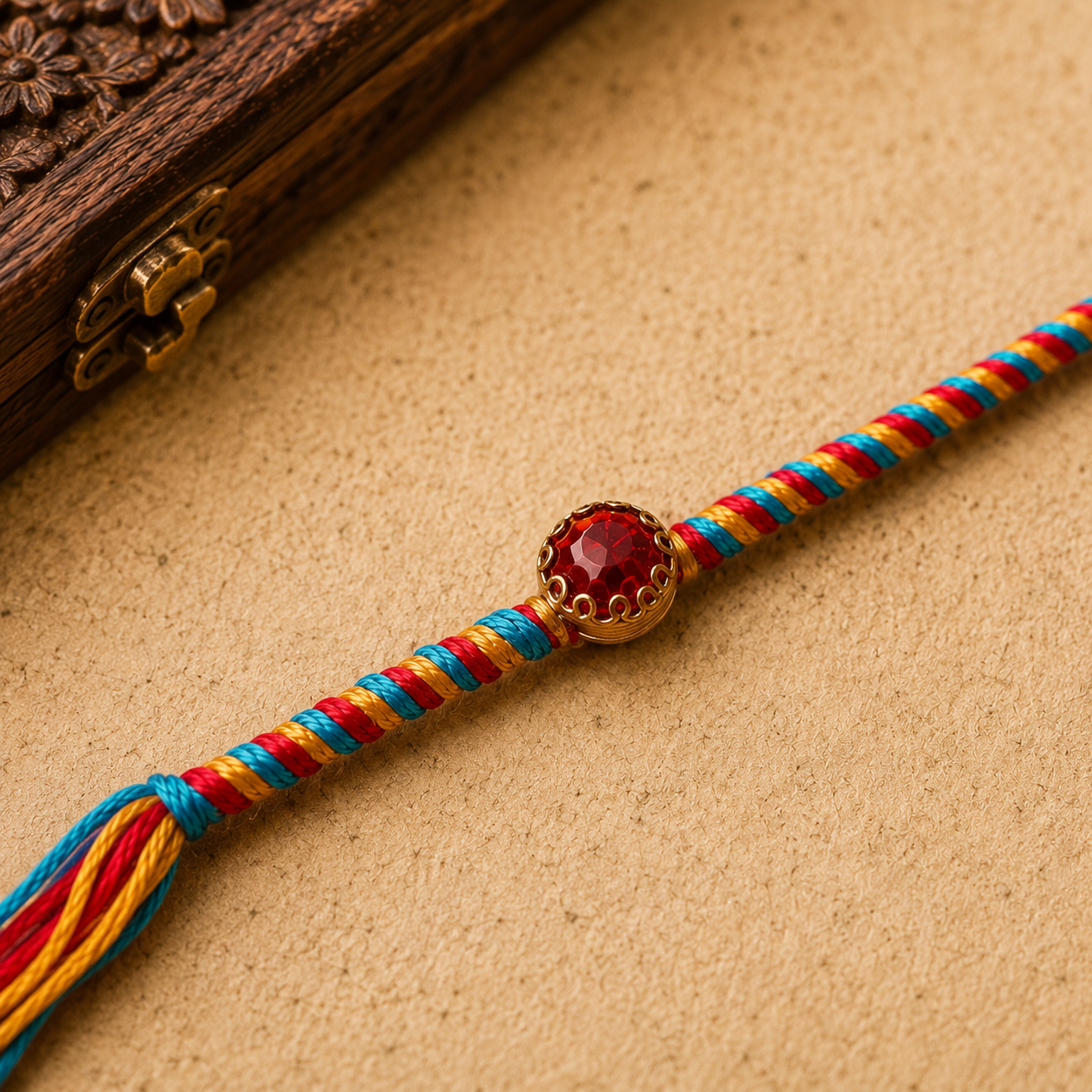 Multicolor Thread Rakhi with Red Stone