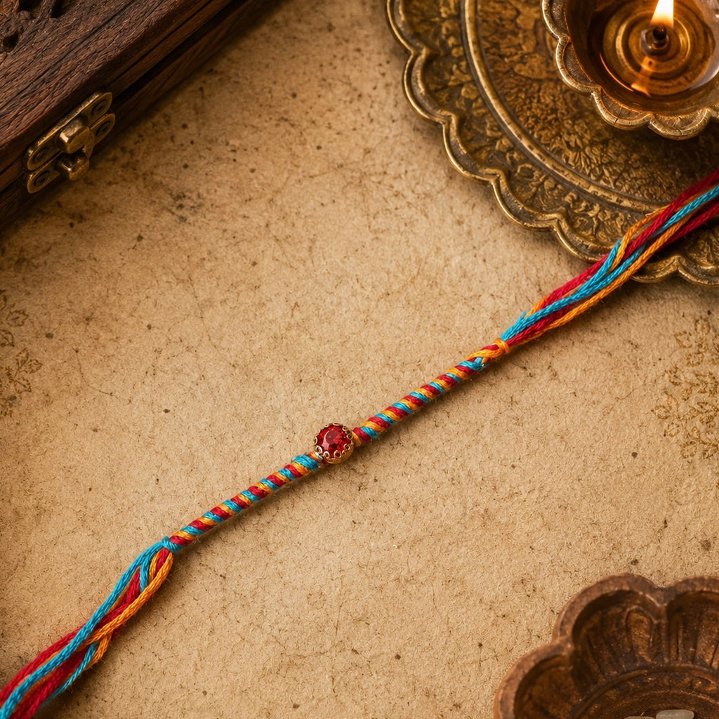 Multicolor Thread Rakhi with Red Stone