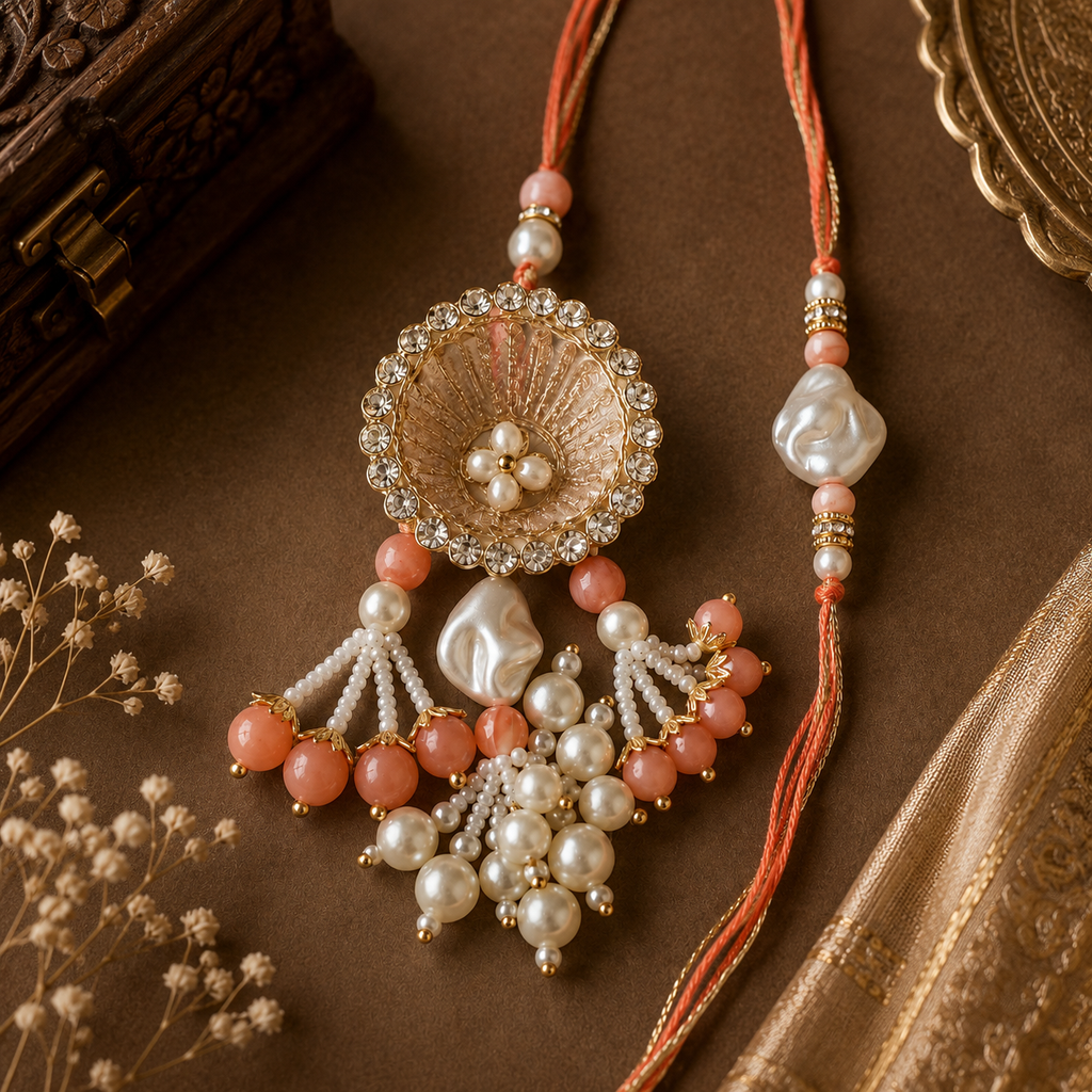 Peach And Pearl Bhaiya Bhabhi Rakhi Set
