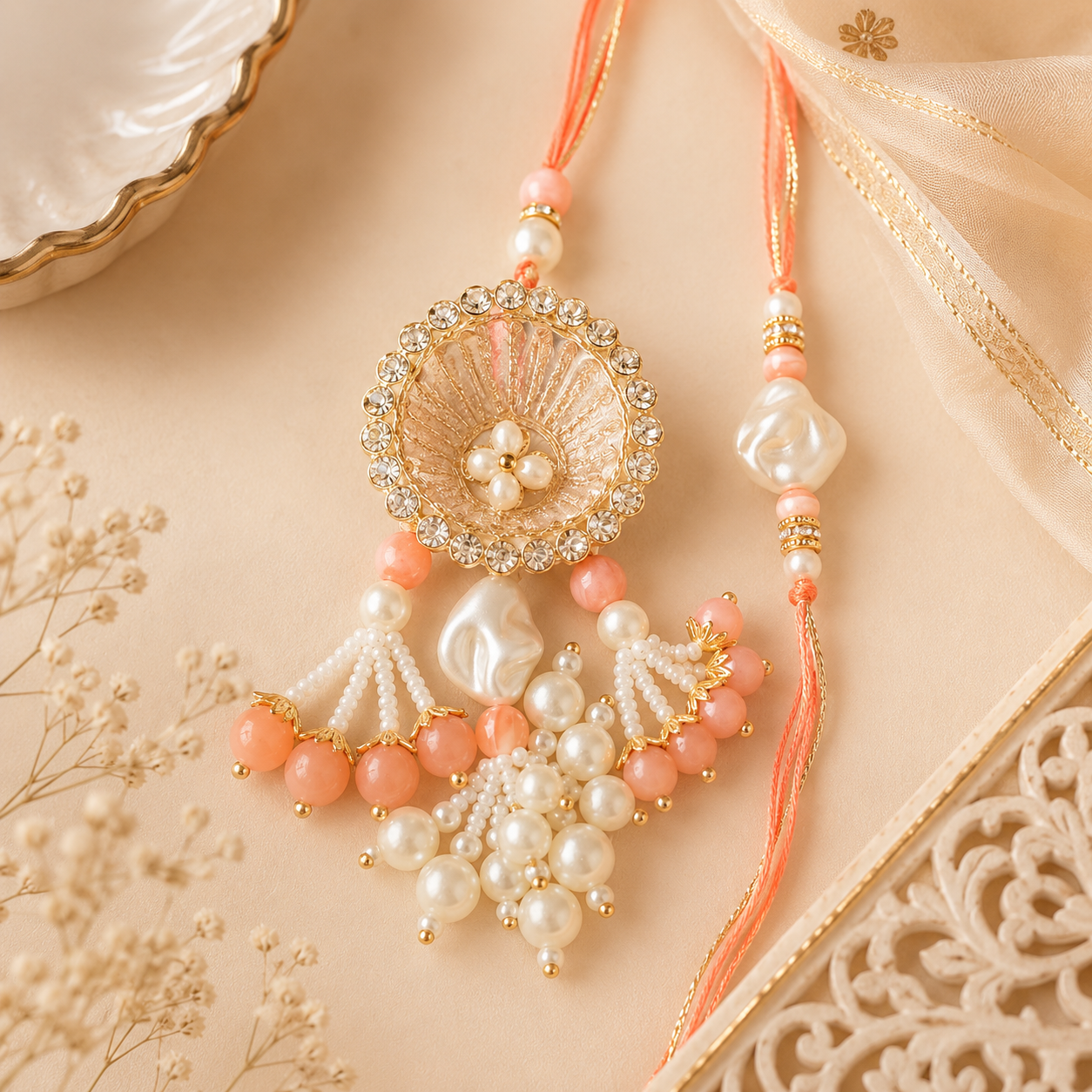 Peach And Pearl Bhaiya Bhabhi Rakhi Set