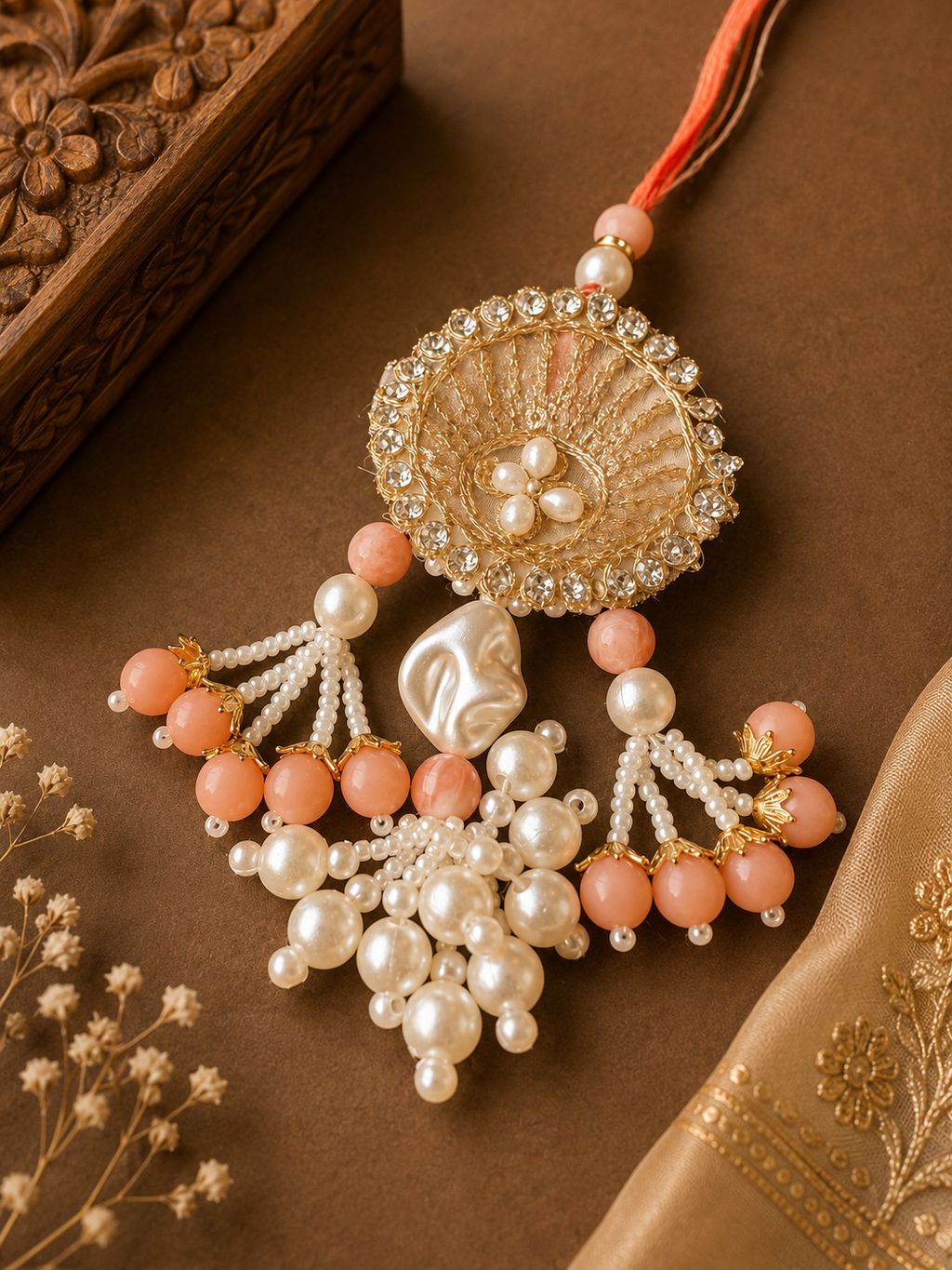 Peach And Pearl Bhaiya Bhabhi Rakhi Set