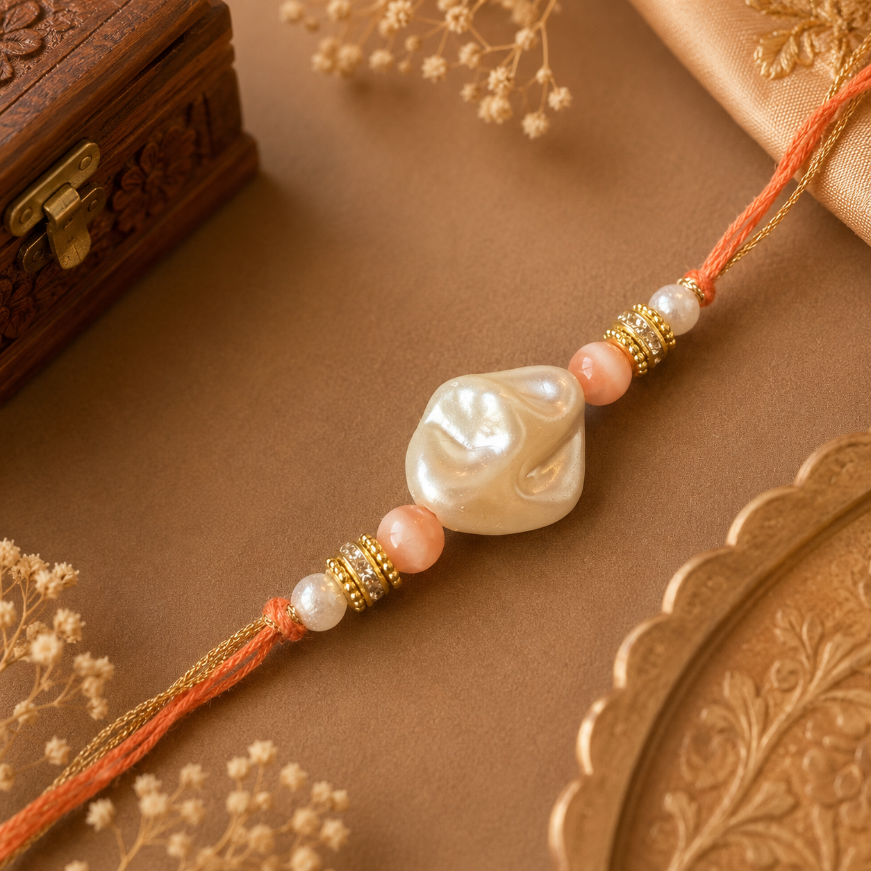 Peach And Pearl Bhaiya Bhabhi Rakhi Set