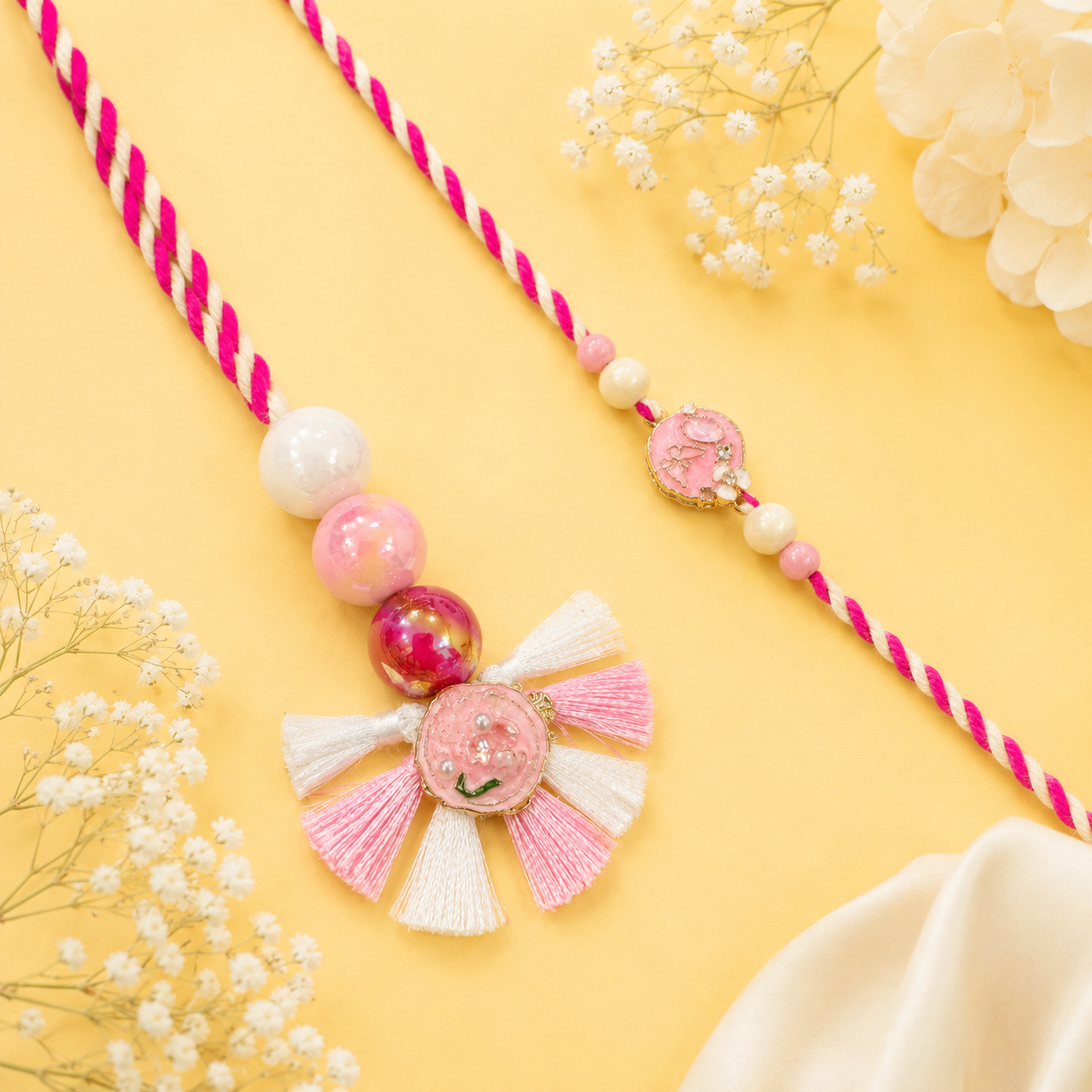 Rosette Charm and Pink Pearls Bhaiya Bhabhi Rakhi Set