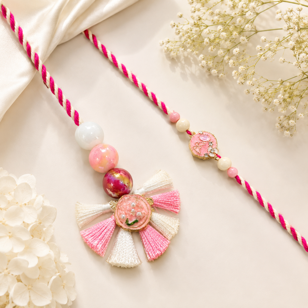 Rosette Charm and Pink Pearls Bhaiya Bhabhi Rakhi Set