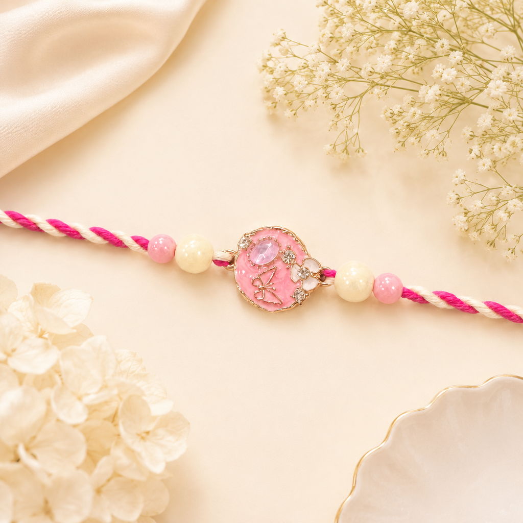 Rosette Charm and Pink Pearls Bhaiya Bhabhi Rakhi Set