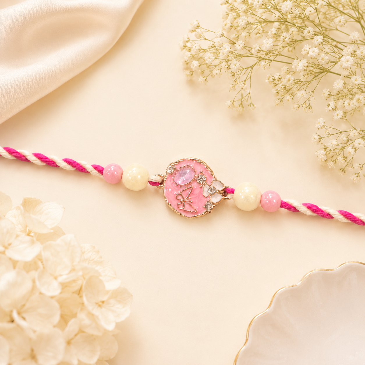 Rosette Charm and Pink Pearls Bhaiya Bhabhi Rakhi Set