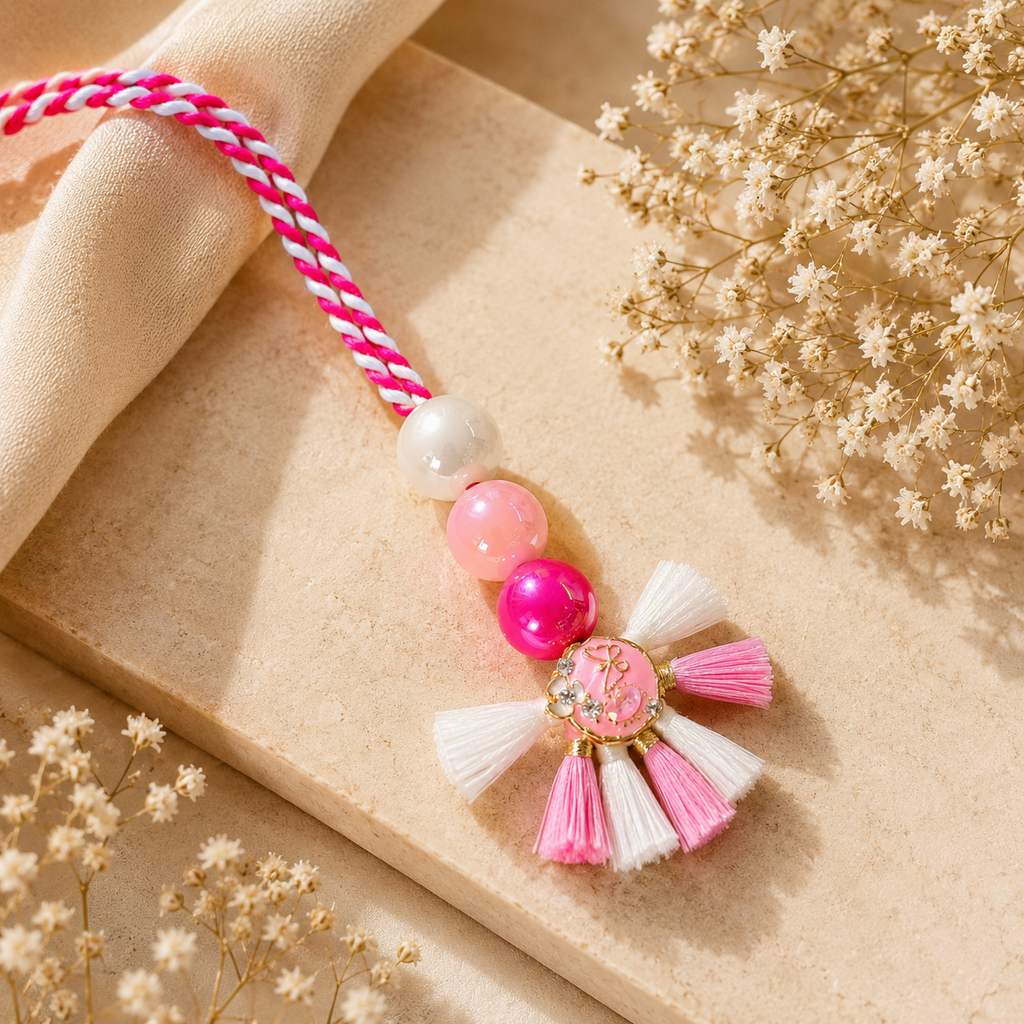 Rosette Charm and Pink Pearls Bhaiya Bhabhi Rakhi Set