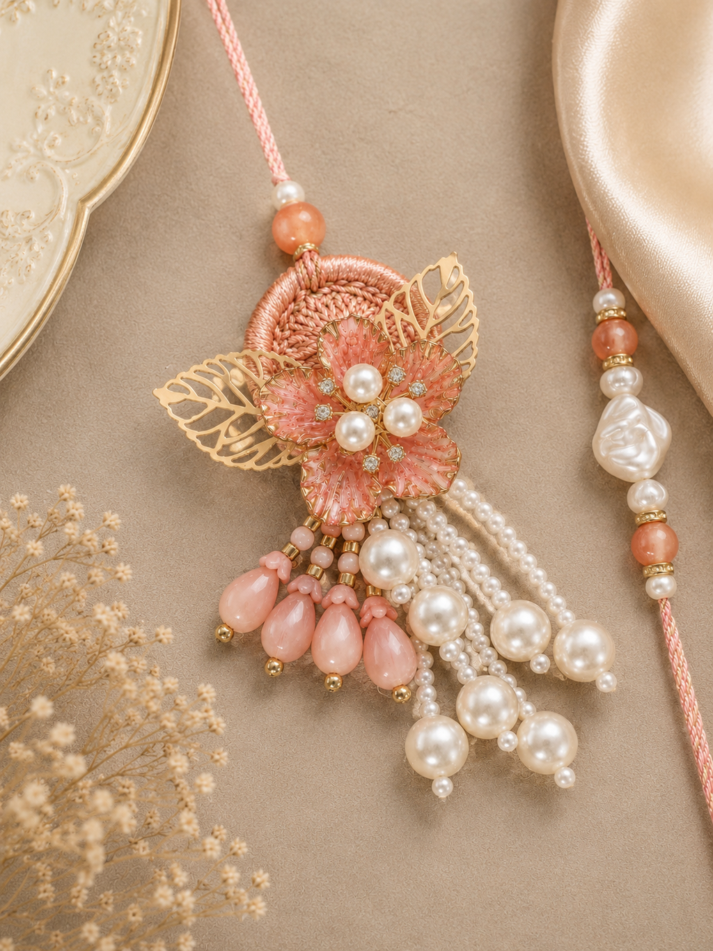 Peach Floral Rakhi Set