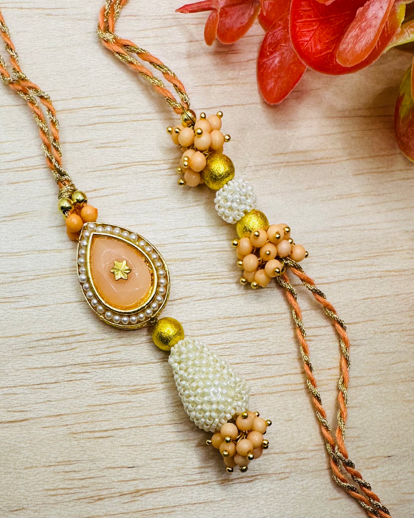 Coloured Stone Bhaiya Bhabhi Set (Peach)