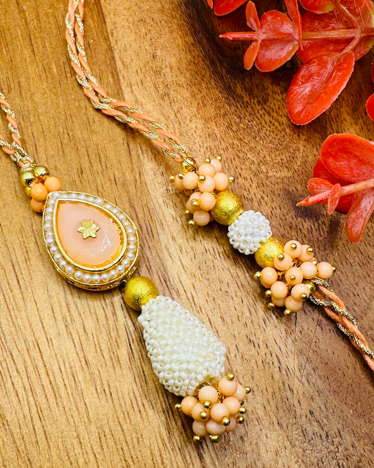 Coloured Stone Bhaiya Bhabhi Set (Peach)