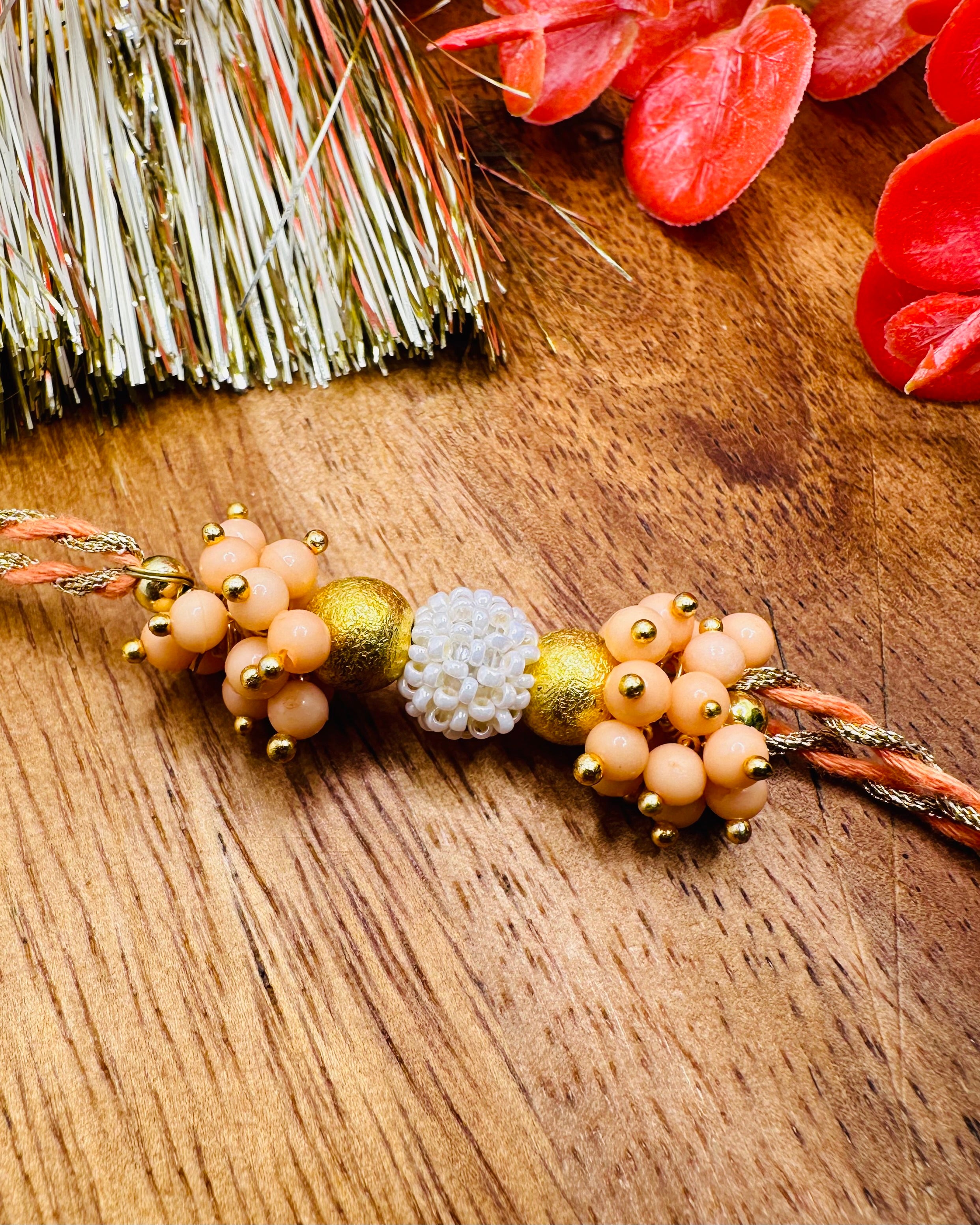 Coloured Stone Bhaiya Bhabhi Set (Peach)