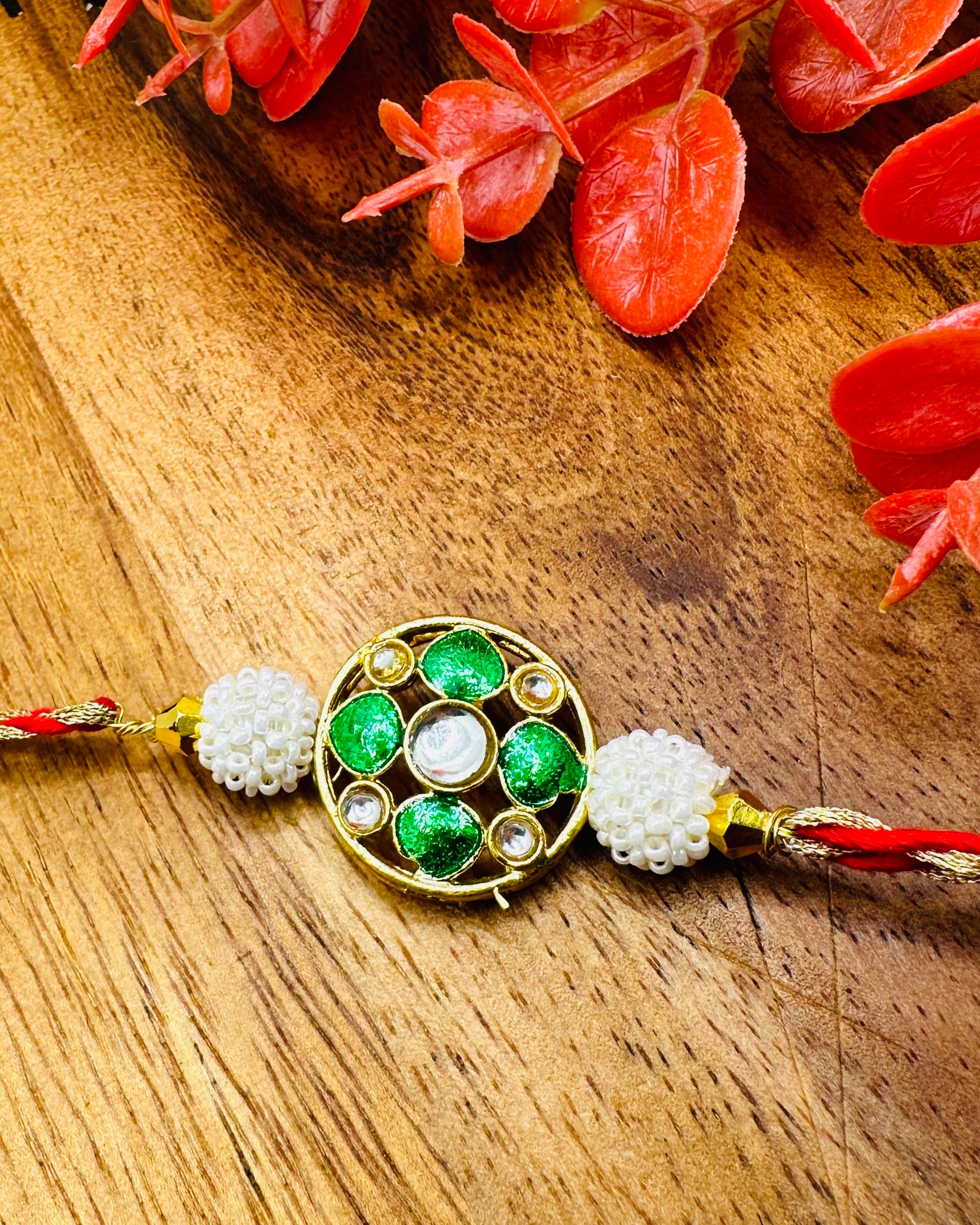 Kundan Meenakari Bhaiya Bhabhi Rakhi Set (Green)