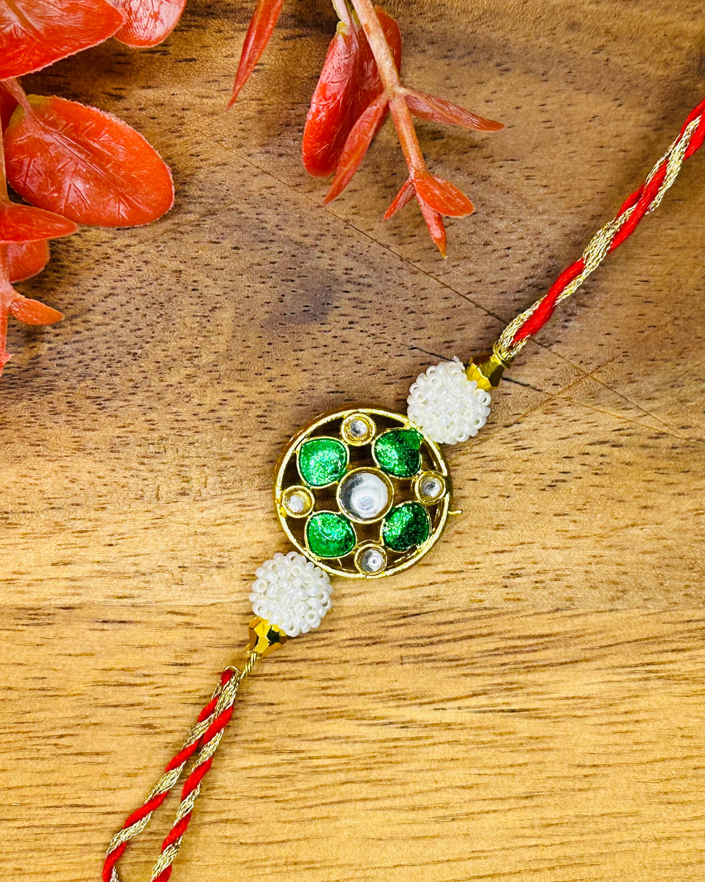 Kundan Meenakari Bhaiya Bhabhi Rakhi Set (Green)