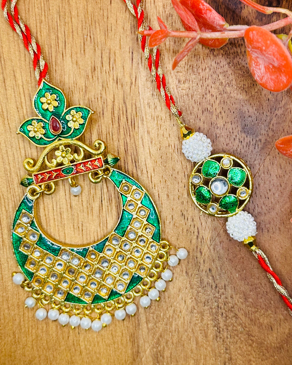 Kundan Meenakari Bhaiya Bhabhi Rakhi Set (Green)