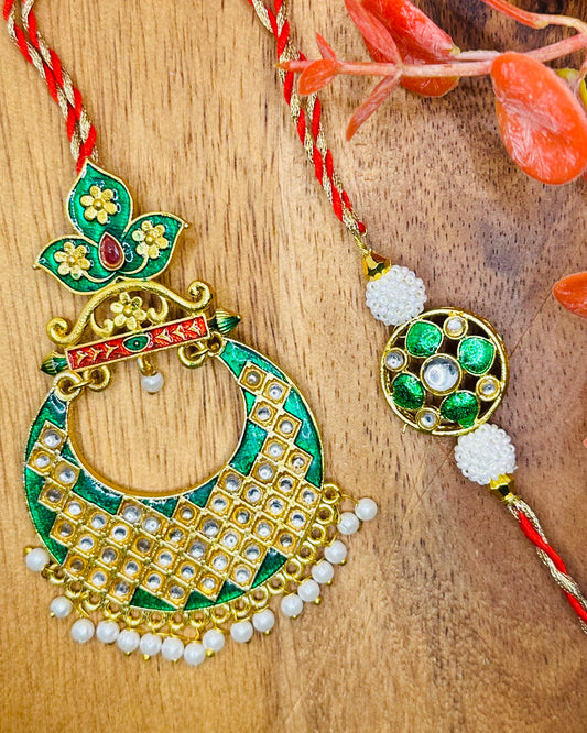 Kundan Meenakari Bhaiya Bhabhi Rakhi Set (Green)