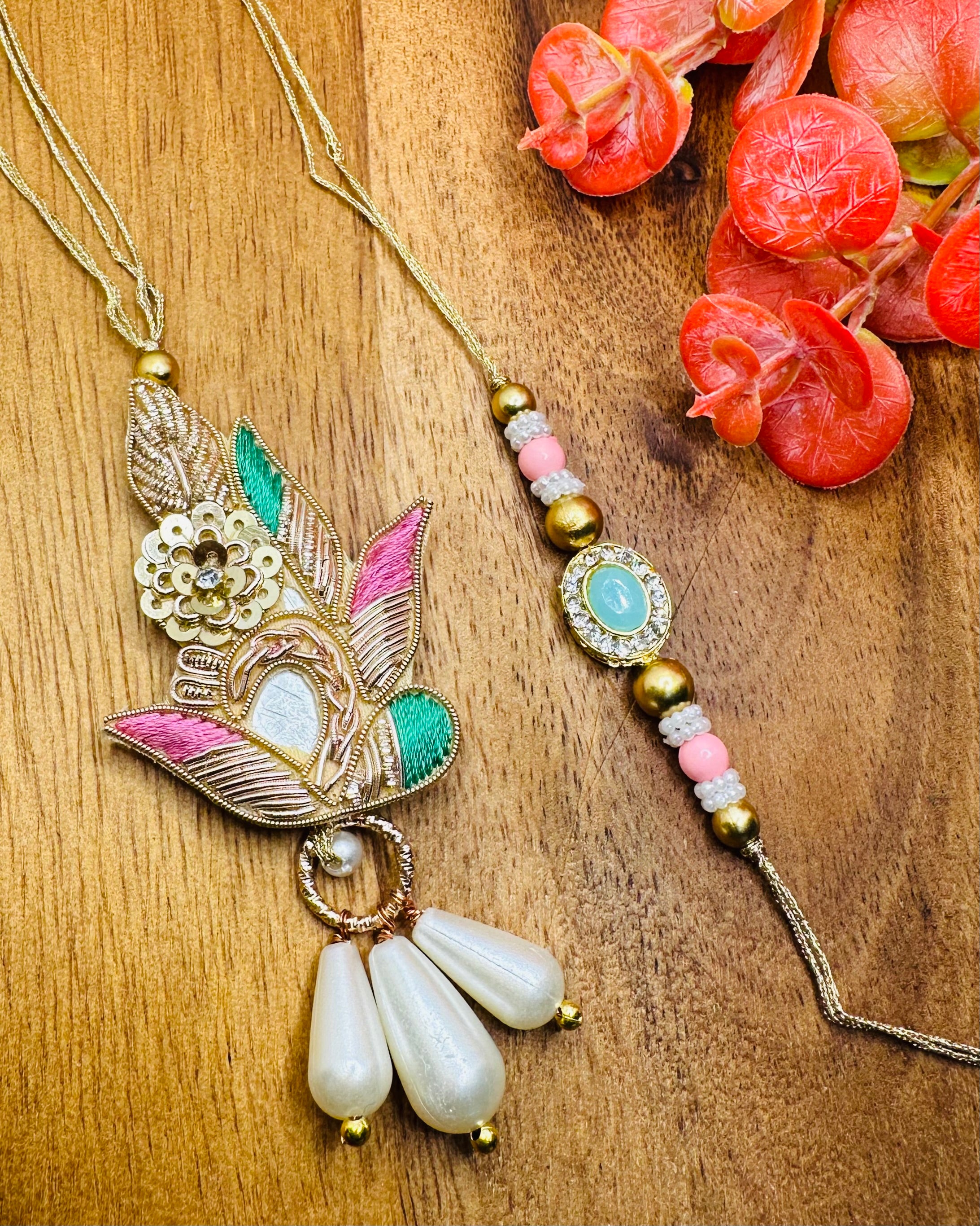 Zardozi Buti With Moti Drop Bhaiya Bhabhi Rakhi Set