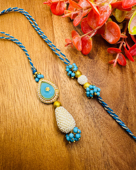 Coloured Stone Bhaiya And Bhabhi Rakhi Set (Blue)