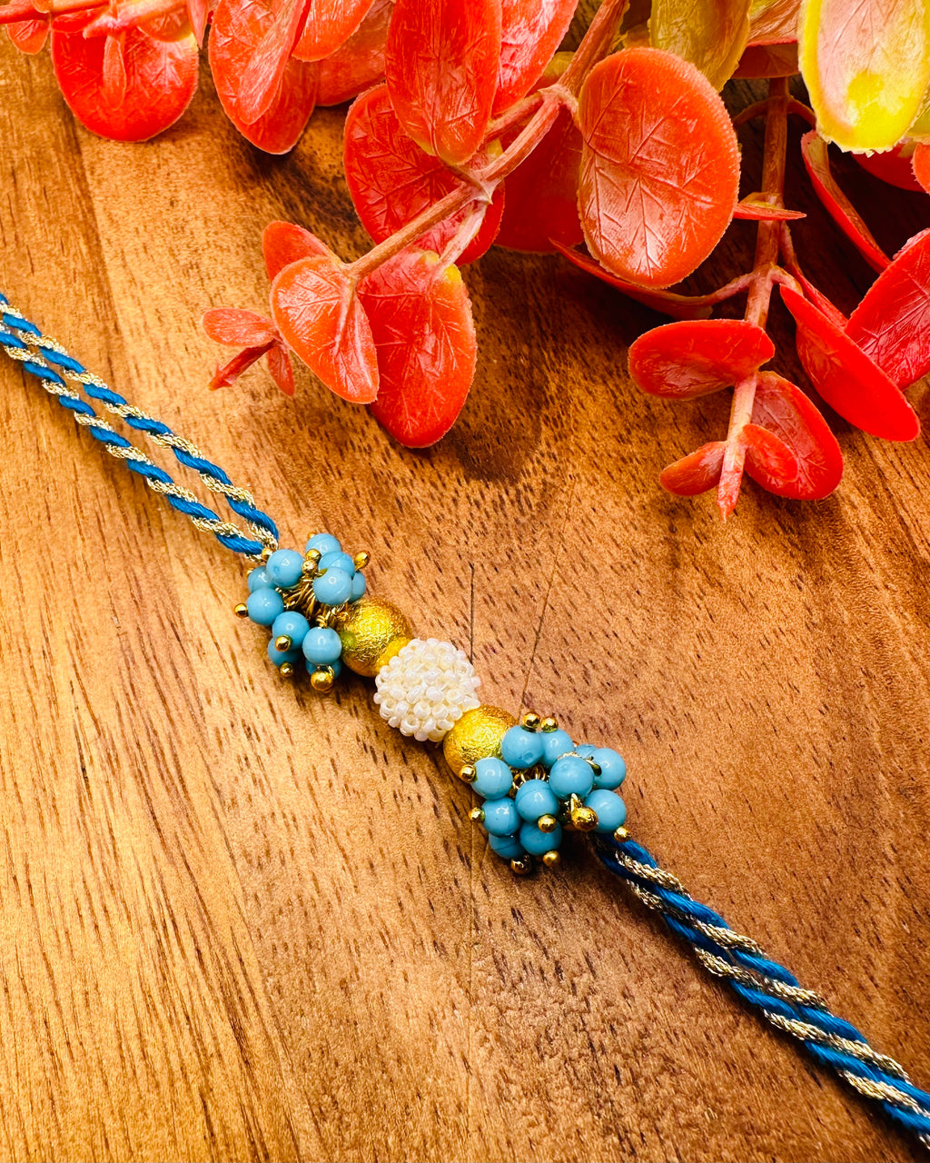 Coloured Stone Bhaiya And Bhabhi Rakhi Set (Blue)