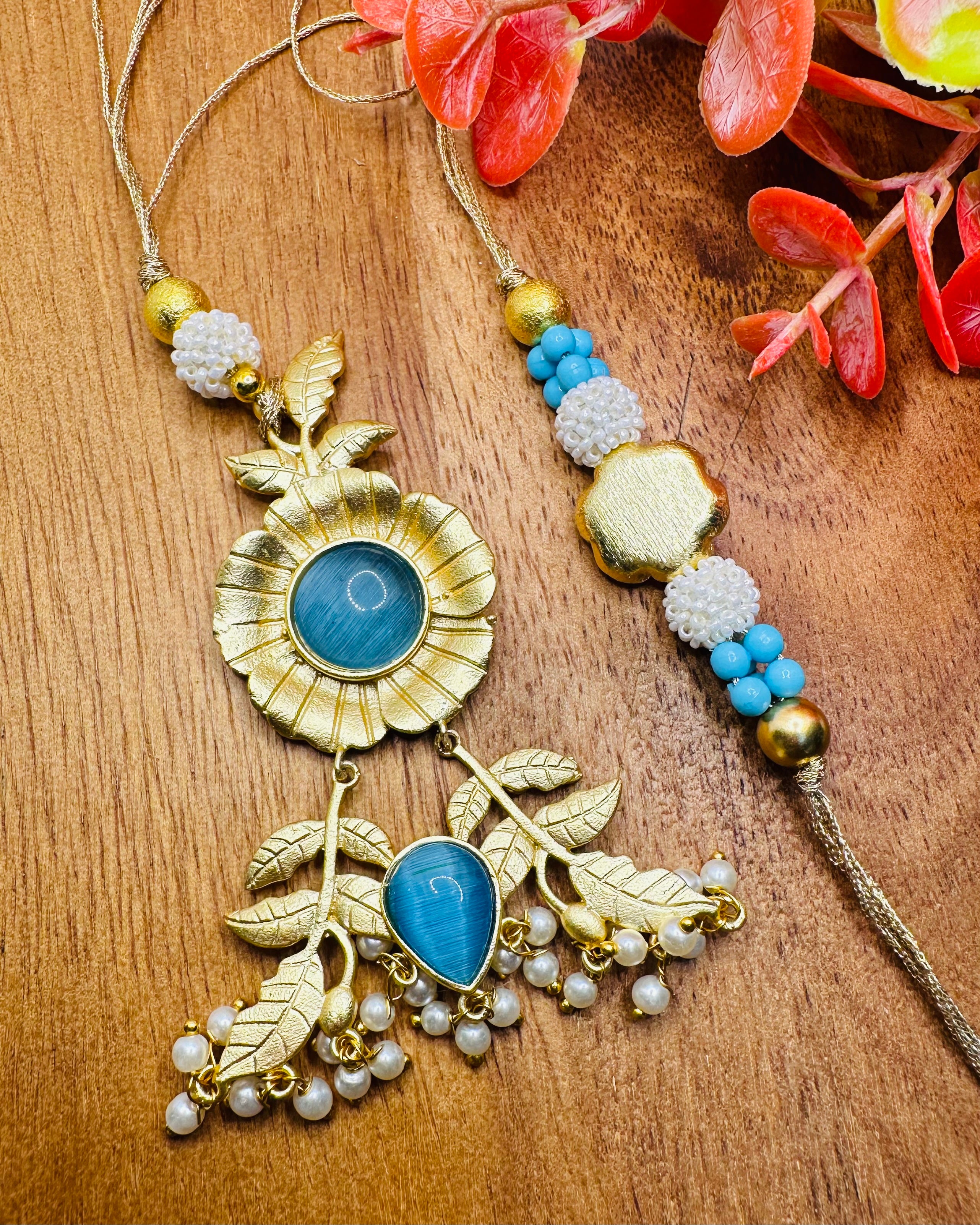 Gold And Blue Bhaiya And Bhabhi Rakhi Set