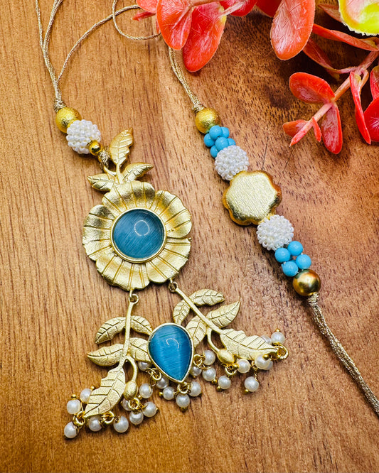 Gold And Blue Bhaiya And Bhabhi Rakhi Set