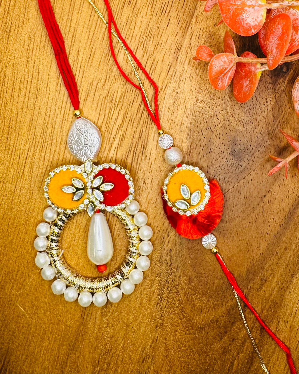 Kundan Buti And Moti Ring Bhai And Bhabhi Rakhi Set
