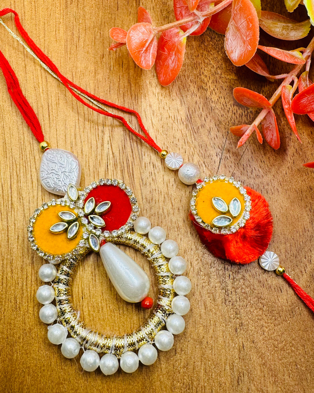 Kundan Buti And Moti Ring Bhai And Bhabhi Rakhi Set