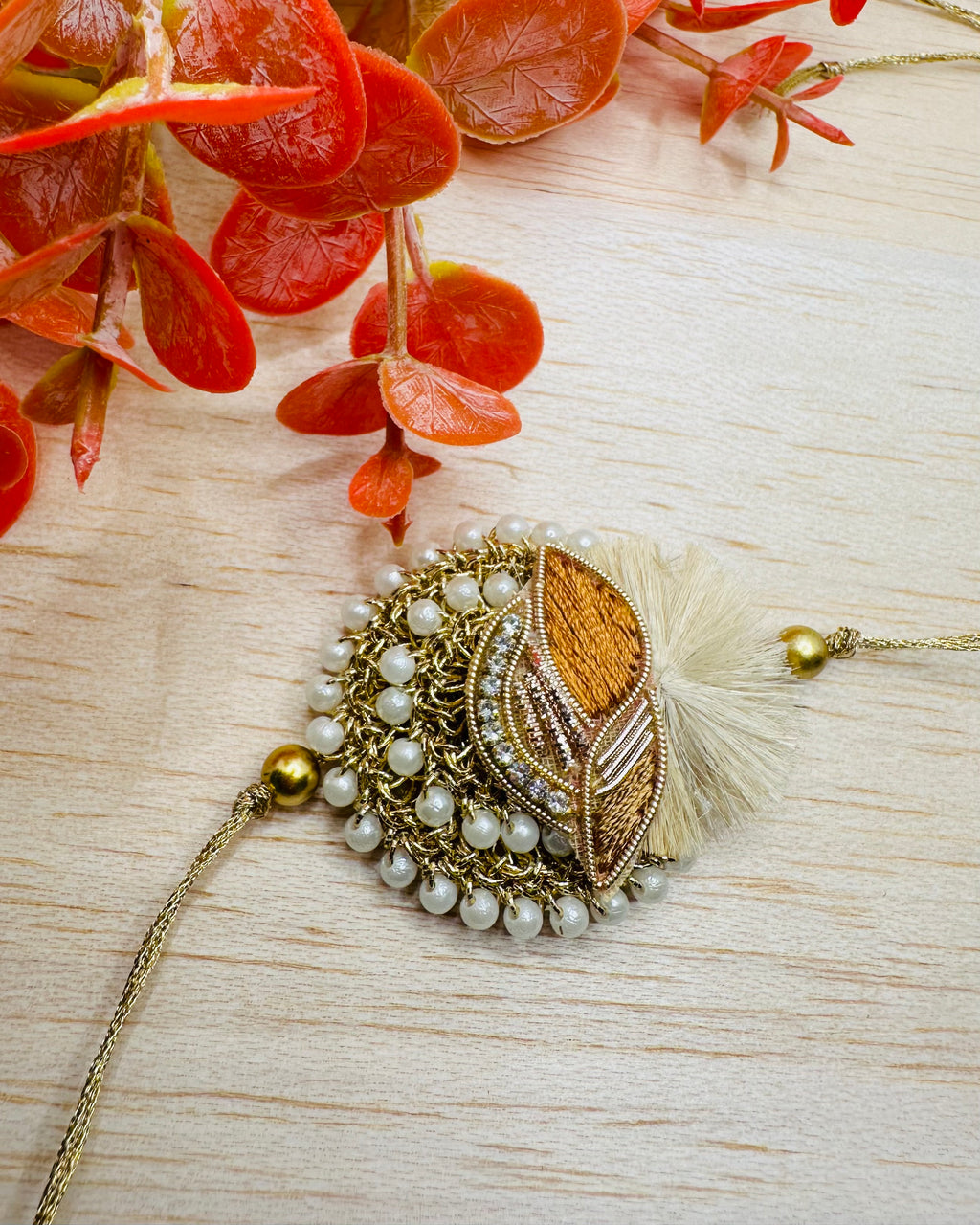 Zardozi Buti with Brown Thread Work Bhaiya Bhabhi Rakhi Set