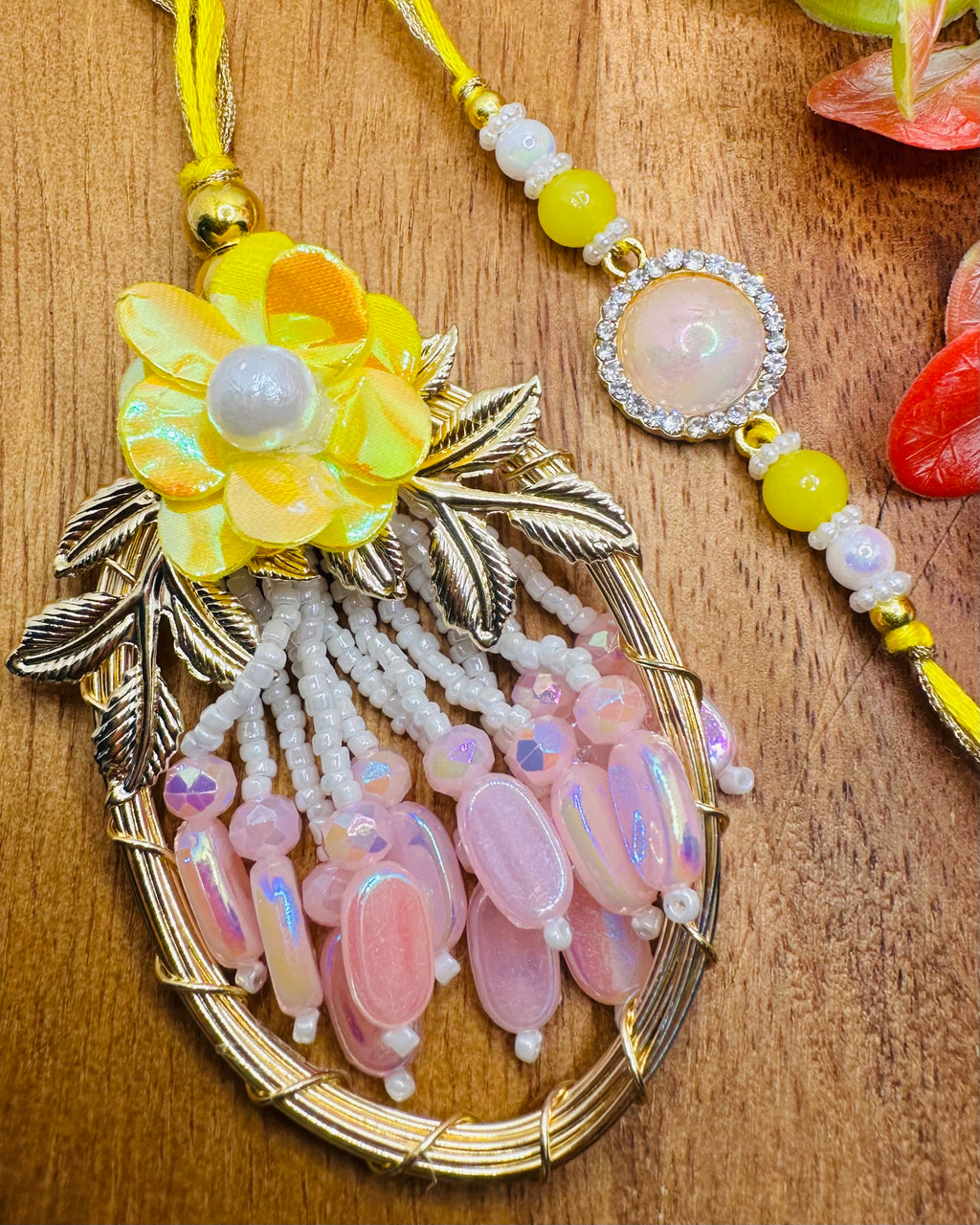 Metal Ring And Floral Bhaiya Bhabhi Rakhi Set