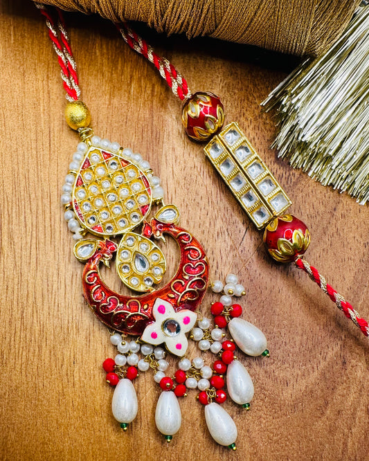 Kundan Pendant Rakhi paie for Bhaiya And Bhabhi (Red)