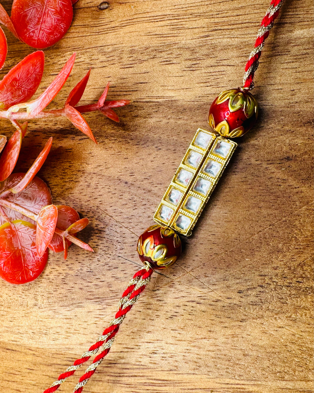 Kundan Pendant Rakhi paie for Bhaiya And Bhabhi (Red)