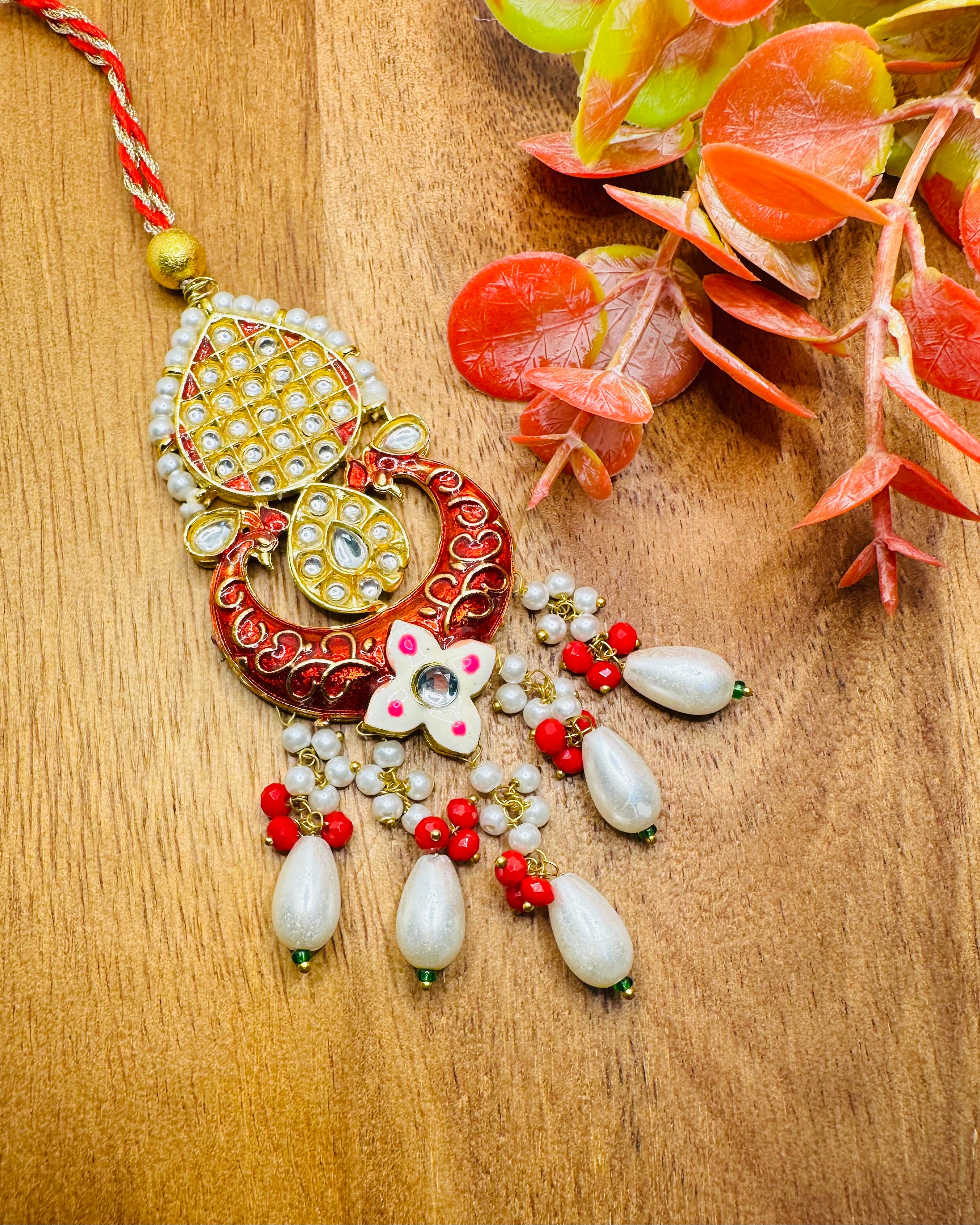 Kundan Pendant Rakhi paie for Bhaiya And Bhabhi (Red)