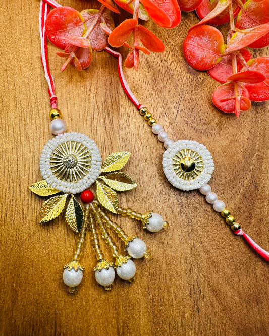 Chakri Motif Bhaiya Bhabhi Rakhi Set (White)