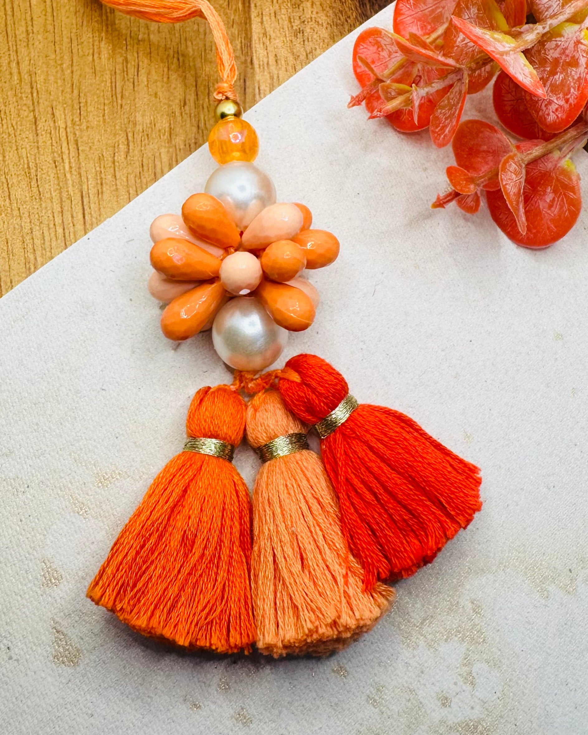Orange Ombre Beads Bhaiya And Bhabh Rakhi Set