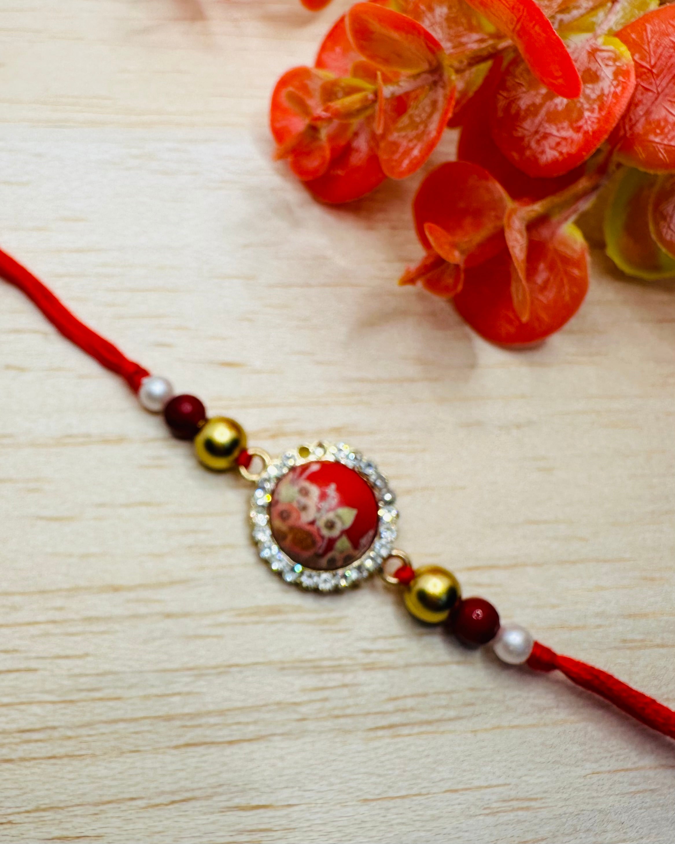 White And Red Floral Bhaiya Bhabhi Rakhi Set