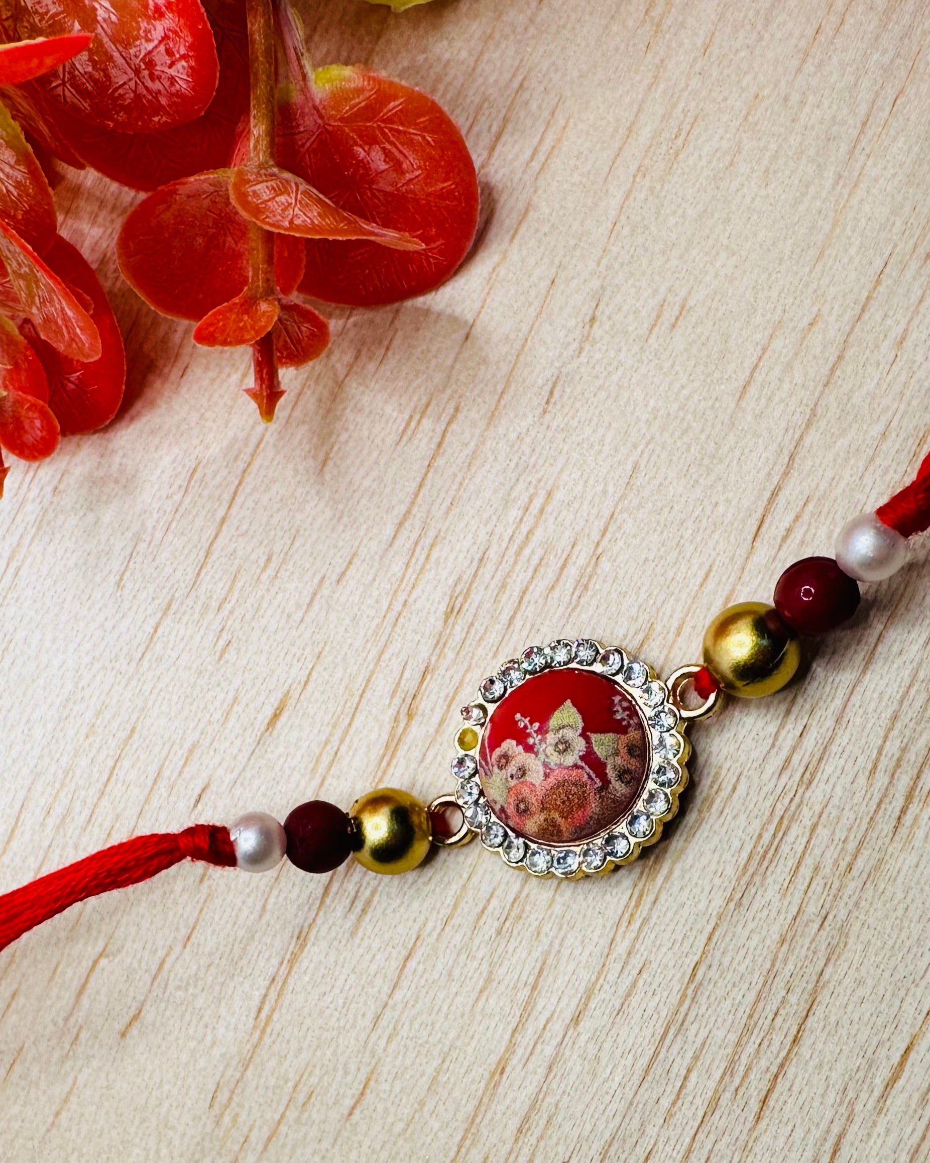 White And Red Floral Bhaiya Bhabhi Rakhi Set