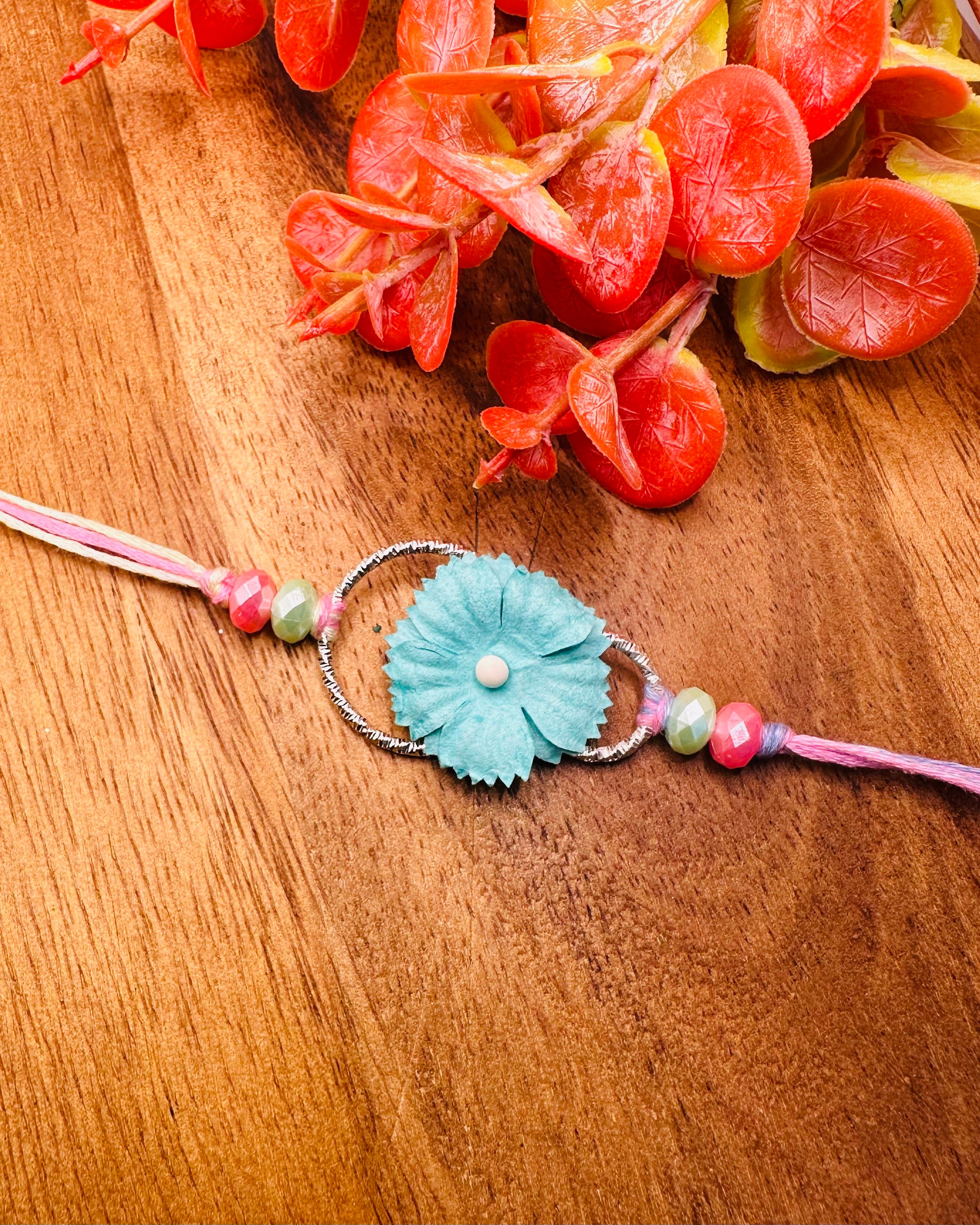 Peach And Blue Colour Bhaiya Bhabhi Rakhi Set