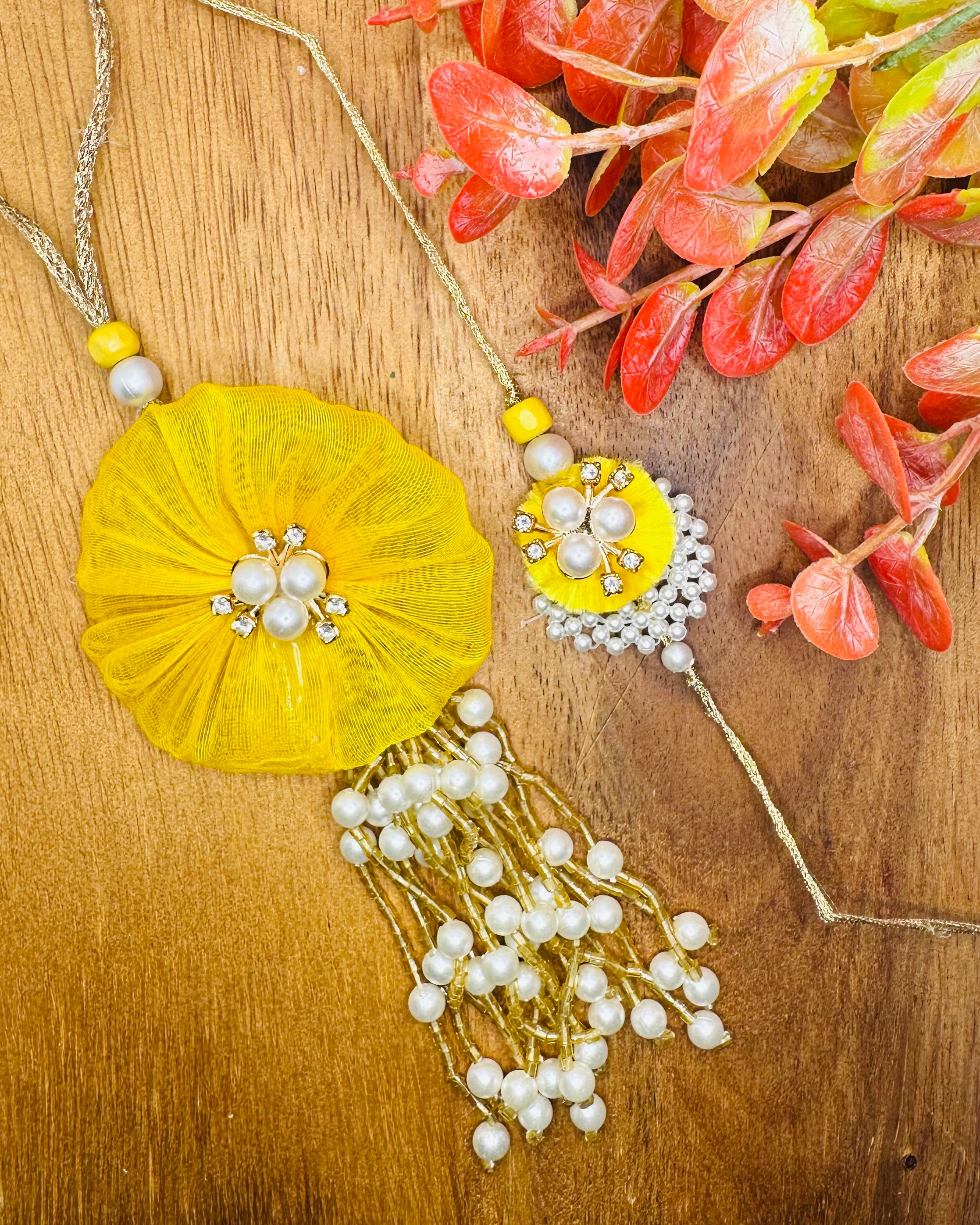 Organza Flower Bhaiya Bhabhi Rakhi Set (Yellow)