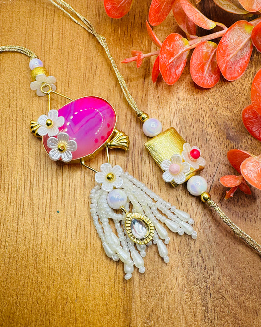 Pink Gemstone Bhaiya Bhabhi Rakhi Set