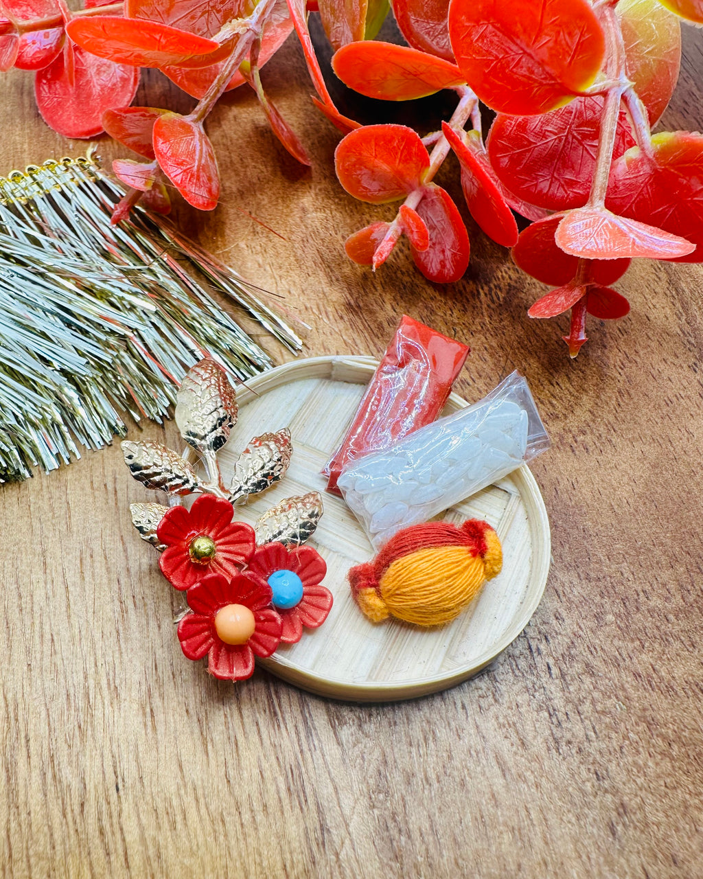 Bamboo platter with Roli Chawal and mini nariyal